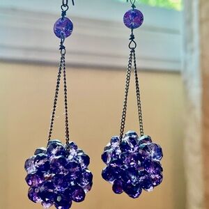 Really cool Deep Purple Crystal/Beaded Dangle Earrings Amethyst & Dark Silver